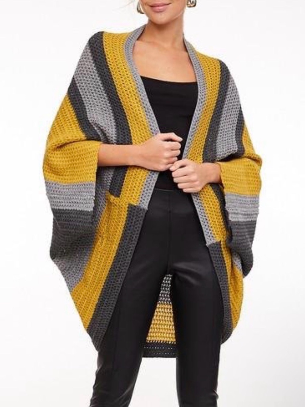 Striped Open-Front Knit Cardigan - Mustard & Gray
